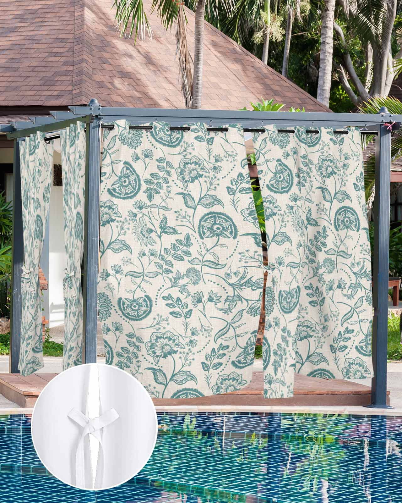 Outdoor Curtains for Patio, Teal Green Spring Floral Waterproof Blackout Outside Curtain for Porch/Pergola/Gazebo, Retro Farmhouse Summer Botanical Thermal Insulated Drapes, 1 Panel, 54 x 95 Inch