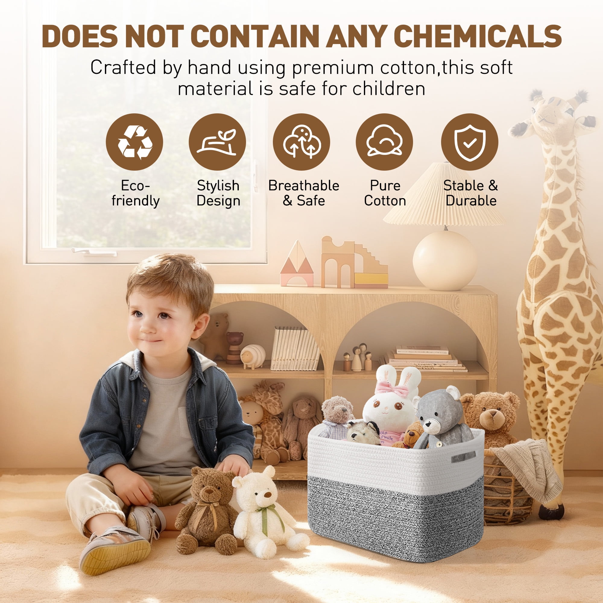 3 Pack Storage Basket, 11"x11"x9" (18L) Rectangle Woven Baskets for Storage, Cotton Rope Basket for toys, Towel Baskets, Closet Organizer Bins Shelves Organizer, Decorative Basket(Gray& White)