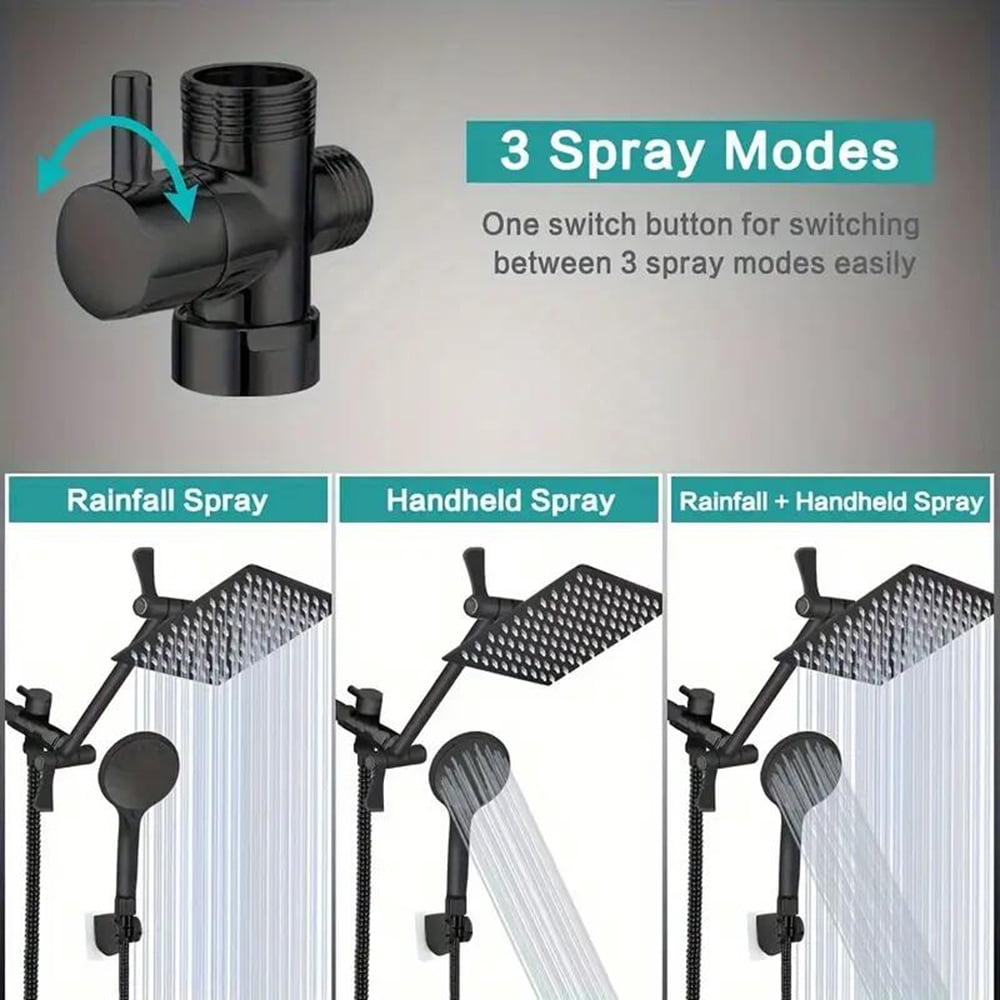 Shower Head Combo,8 Inch High Pressure Rain Shower Head with 11 Inch Adjustable Extension Arm and 3 Settings Handheld Shower Head Combo with Long Hose