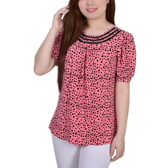 NY Collection Womens Petites Crewneck Printed Blouse