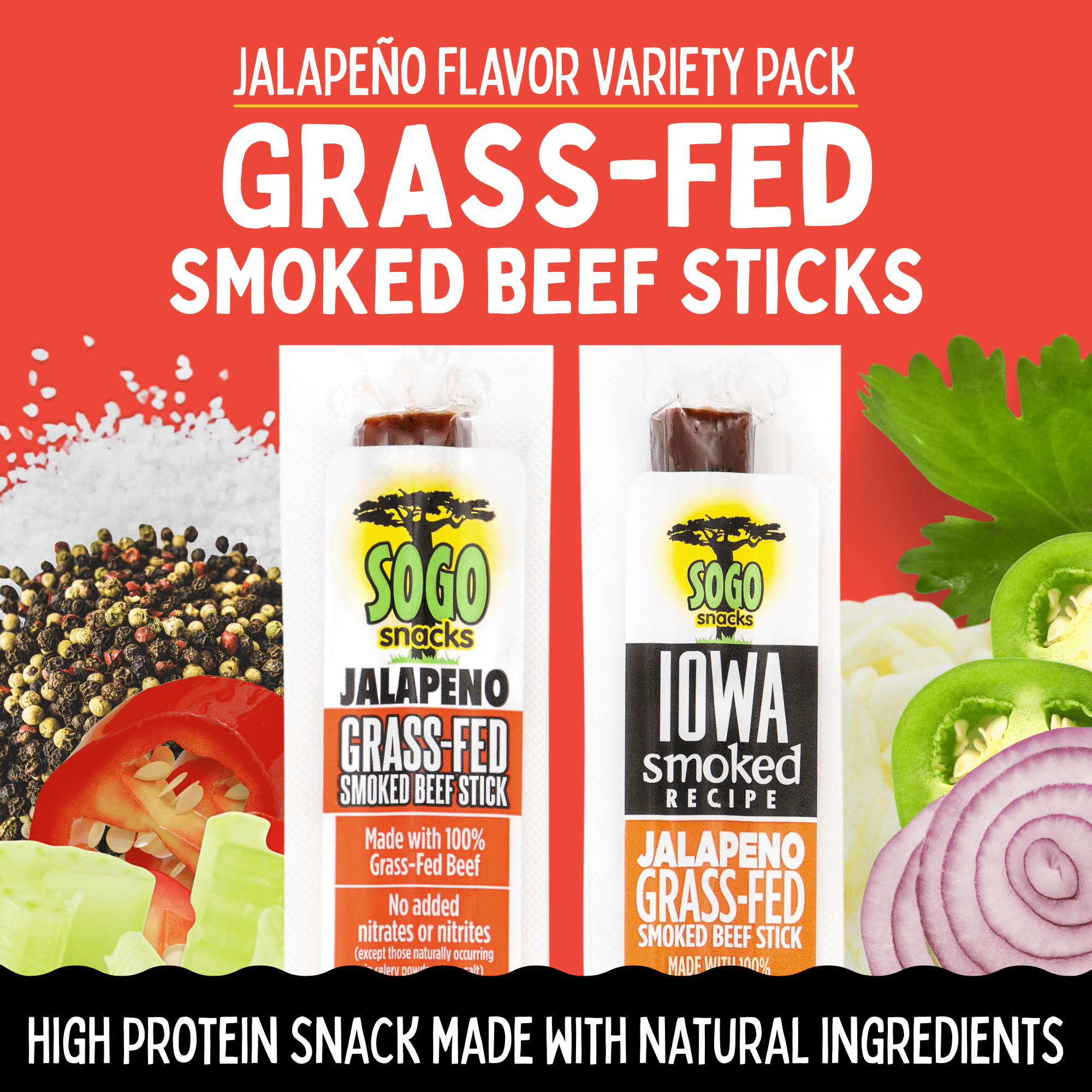 Jalapeno Variety, Sogo Snacks, No Sugar, 100% Grass-fed, Non-GMO Beef Sticks. No Nitrates, Gluten, Soy, MSG, Dairy or Nuts. Keto, Paleo Friendly (24 Jalapeno, 24 IASM Jalapeno, 1-oz, 48-cnt)