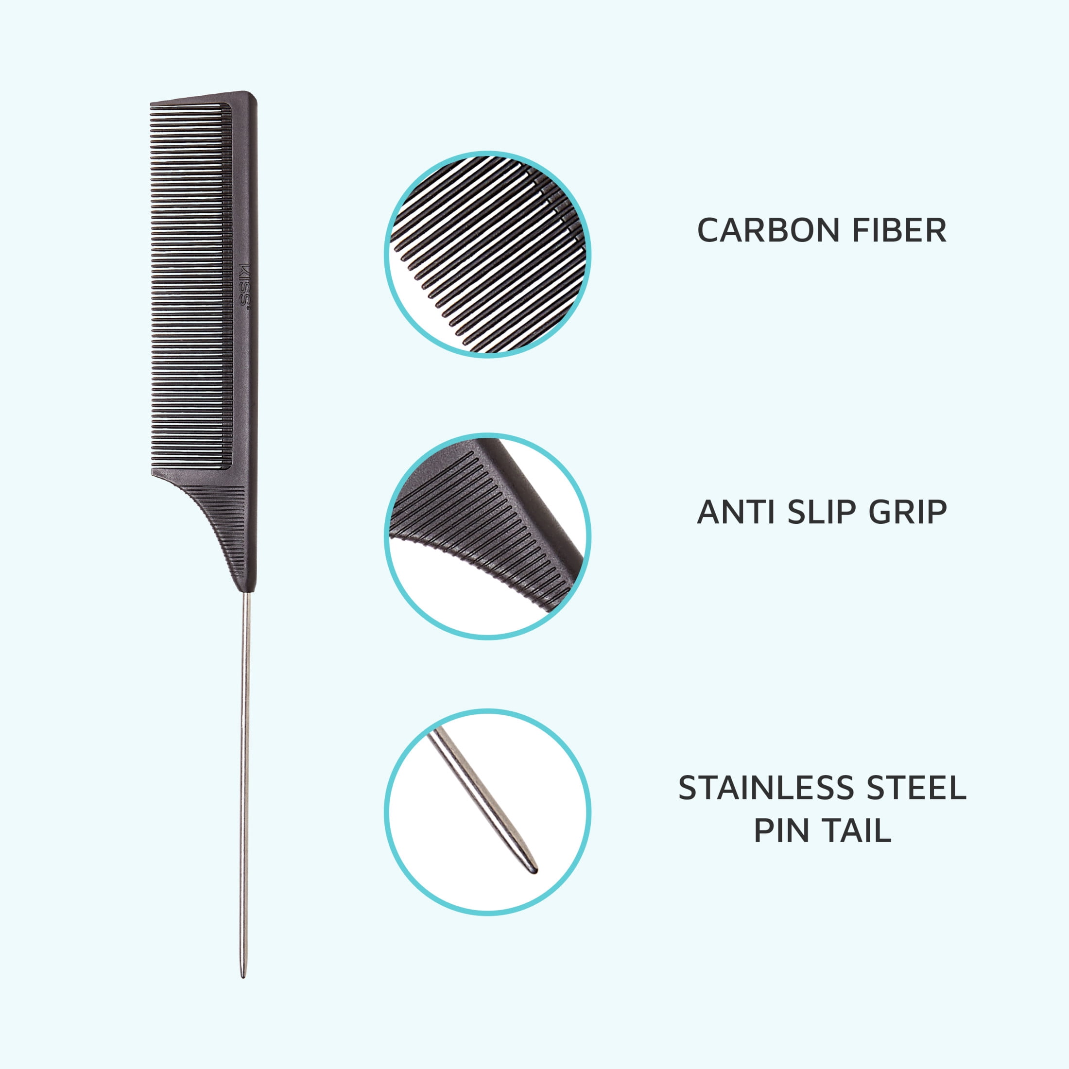 (2 pack) Kiss Colors & Care 9" Carbon Fiber Small Tooth Pin Tail Hair Comb, Black