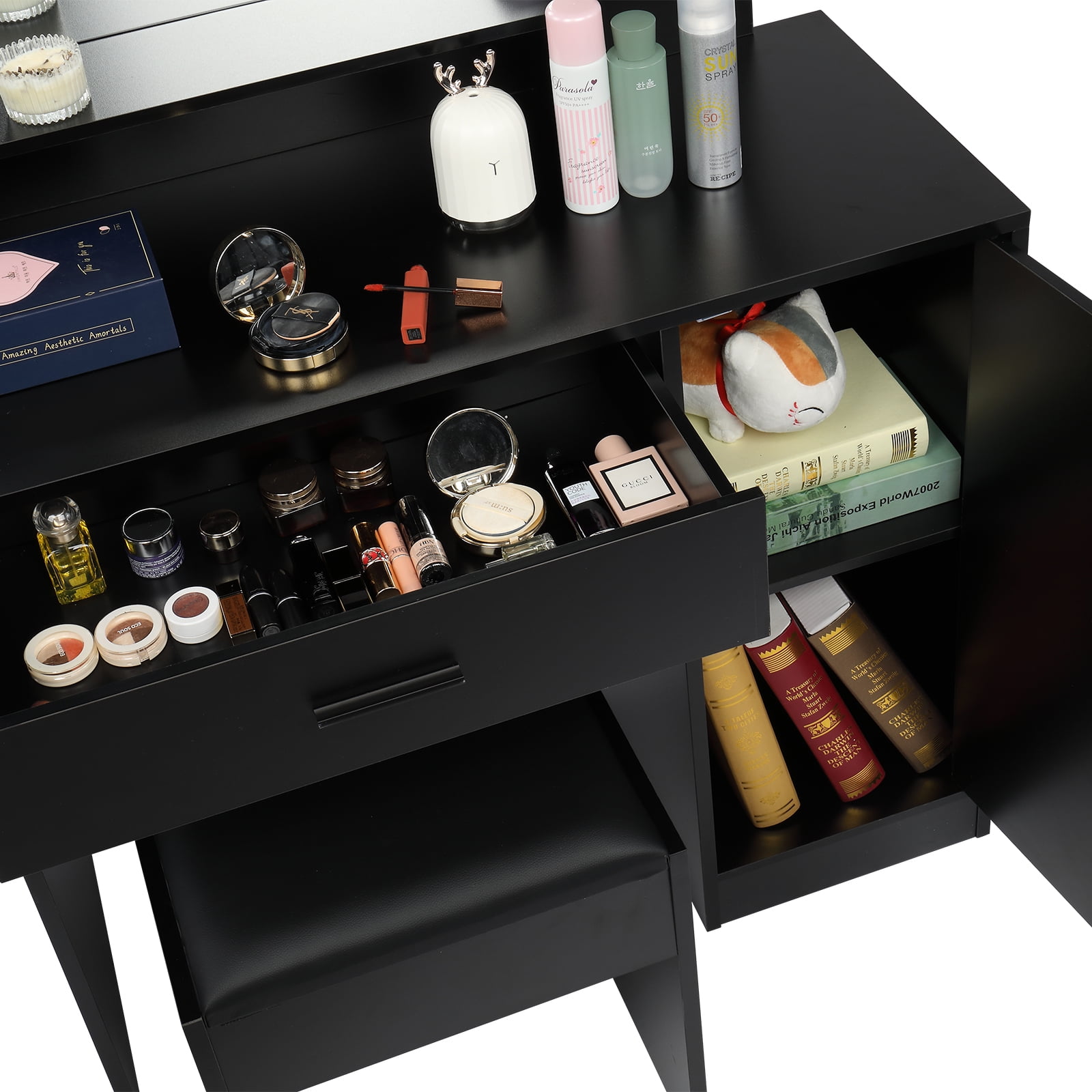 YYAo Farmhouse Vanity Desk Set, Makeup with Lighted Mirror and Stool, Dressing Table with Drawers and Storage Shelves for Bedroom, Black YYAo Farmhouse Vanity Desk Set, Makeup with Lighted Mirror and Stool, Dressing Table with Drawers and Storage Shelves for Bedroom, Black