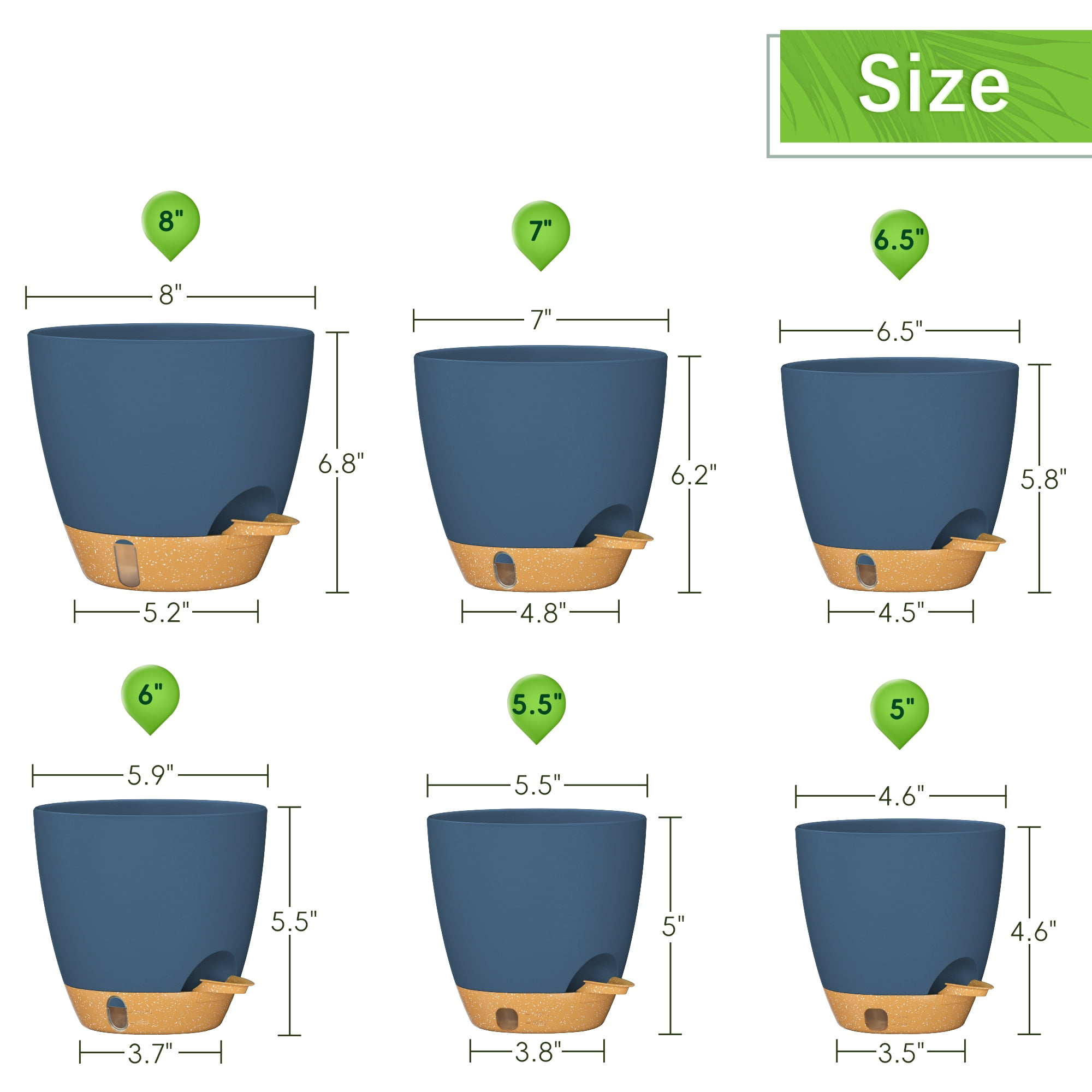 FIASON 6 Pack Self Watering Plant Pots, 5/5.5/6/6.5/7/8 Inch Blue with Brown Flower Planters with Watering Lip, Drainage Holes & Removable Saucer for Indoor Outdoor Garden House Plants