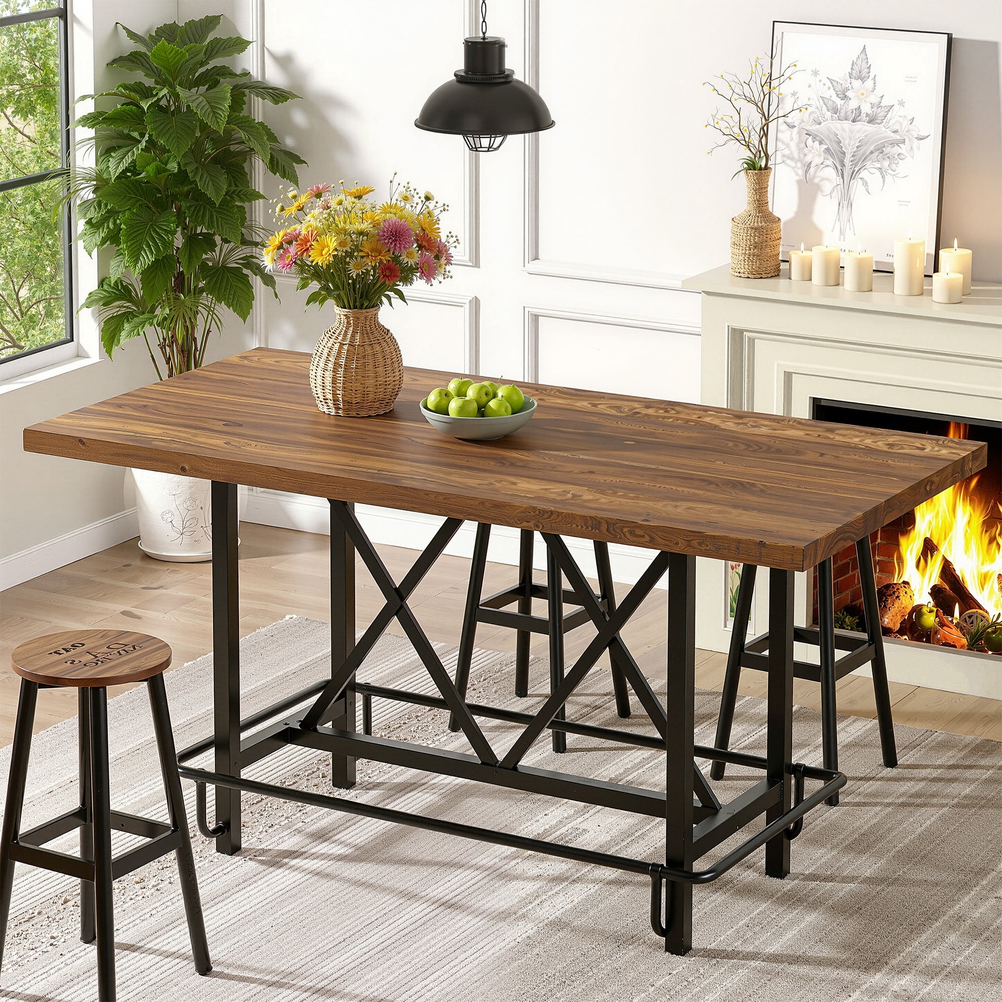MAYEERTY 62.99" Farmhouse Counter Height Bar Table, Rectangular Pub Table for Kitchen Dining Area