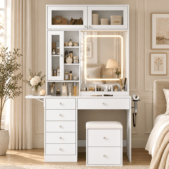 Makeup Vanity Desk with Mirror, Lights, Drawers, Storage Stool, Glass Top and Power Outlet, Wooden Makeup Table for Bedroom