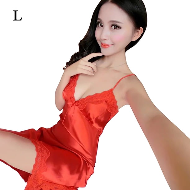 Camisón sexy mujer niña encaje con cuello en v ropa de dormir vestido camisón, rojo, l Eigraketly AP001123-10