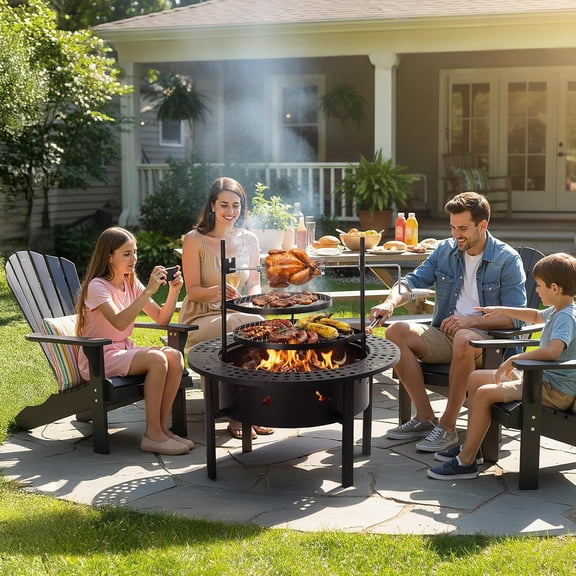 Upgraded 33 Inch Outdoor Fire Pit Table with 2 Grills Wood Burning Round Firepit for Backyard  Parties BBQ Picnic