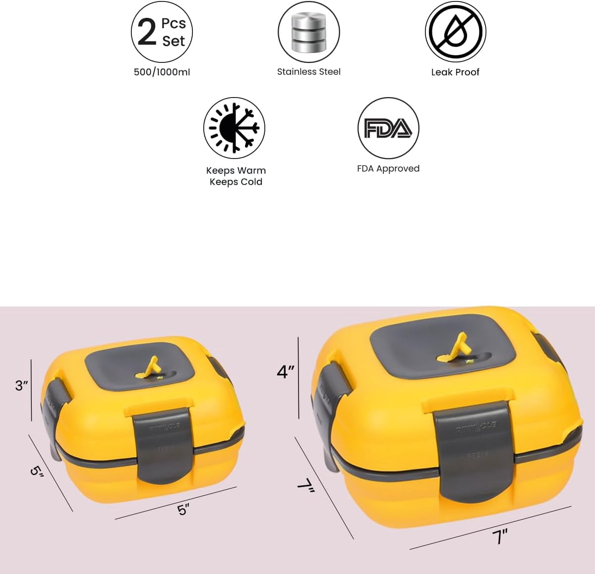 Pinnacle Thermoware 2-Pc Leak Proof Insulated Lunch Box Hot Food Container Set, Yellow