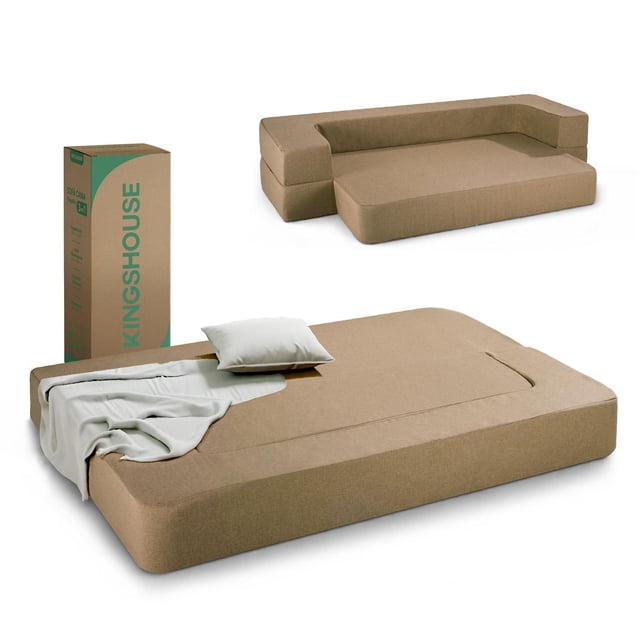 Colchón Plegable Matrimonial, Sofá Cama 3 en 1 Futón Tipo Japonés a Ras de Piso, Portátil y Ligero beige