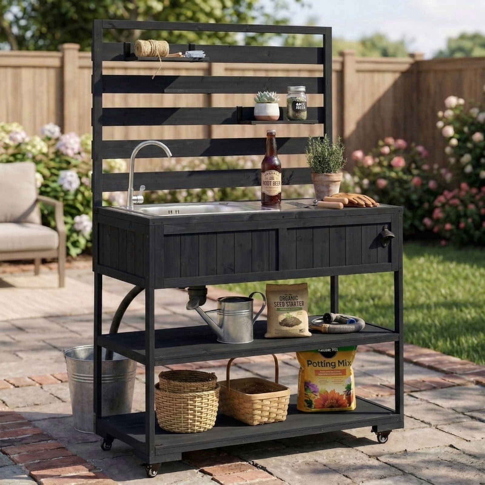 Outdoor Kitchen Storage Cart with Faucet & Sink, Rolling Kitchen Island with Bottle Opener, Garden Potting Bench with Raised Shelf