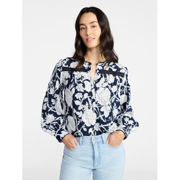 Time and Tru Women's Lace Yoke Shirt with Long Sleeves Sizes XS-XXXL
