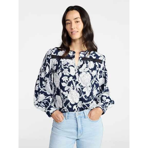 Time and Tru Women's Lace Yoke Shirt with Long Sleeves Sizes XS-XXXL