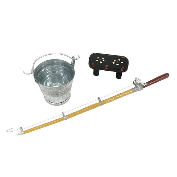 Modern 1:12 Bucket and Fishing Rod with Bench Set Dollhouse Garden Yard Supplies Model
