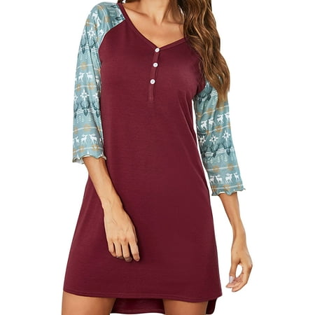 

Voguele Women Nightgowns V Neck Sleep Dress Xmas Night Gowns Nightdress Pajama Comfy Sleepwear Wine Red S