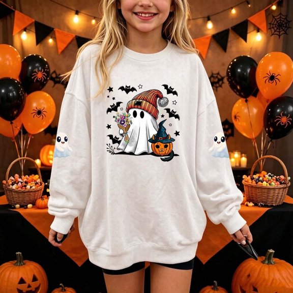 Tween Girls Ghost Floral Graphic Pullovers Fall Long Sleeve Sweatshirts Youth Crewneck Slouchy Tops Kids Halloween Themed Casual Shirts Holiday Festival Clothes, Size 7-8