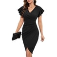 thumbnail image 1 of Owin Women's Summer Sexy V Neck Ruffle Sleeve Faux Wrap Ruched Sheath Bodycon Cocktail Party Work Dress, 1 of 4