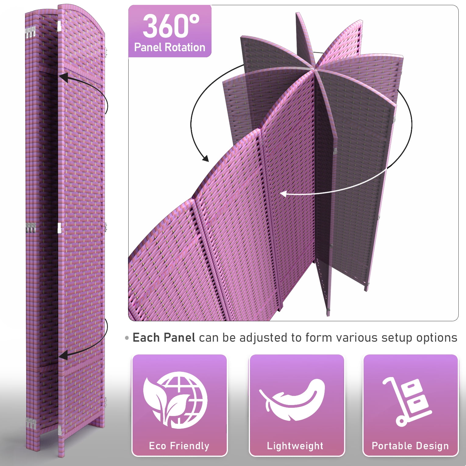 Sorbus 4-Panel Extra-Wide Folding Room Divider Privacy Screen, Hand-Woven Purple Mesh