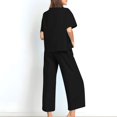 thumbnail image 3 of 2 Piece Linen Set for Women, Solid Color Short Sleeve Tops and Wide Leg Pants Button Suits Beach Vacation Outfits with Pockets Womens Spring Outfits Black XXL, 3 of 7