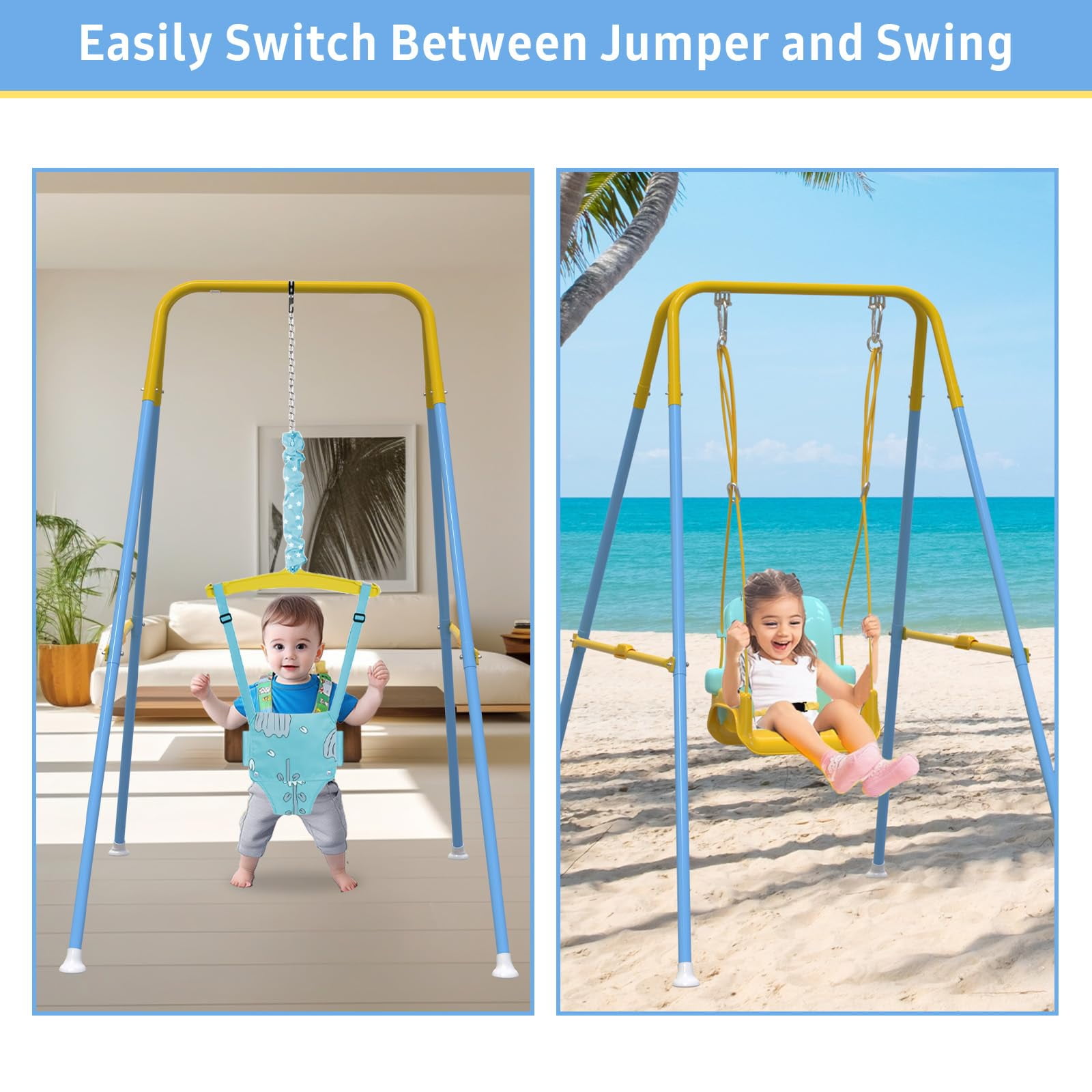 G TALECO GEAR Foldable Toddler Swing, 2 in 1 Swing Sets for Backyard, Yellow & Blue