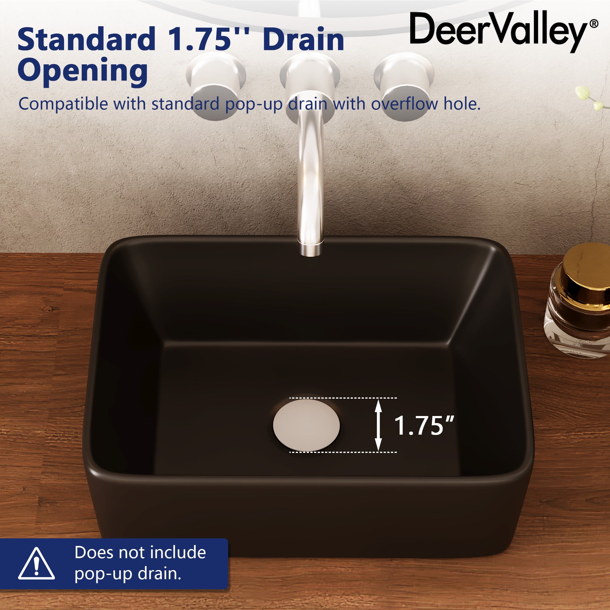 DV-1V0048B DeerValley Liberty 16 in. L x 12 in . W Rectangular Bathroom Ceramic Vessel Sink in Black, Faucet not Included
