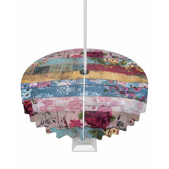 Fsddascl Vintage Floral Outdoor Tablecloth - 60 Inch Round Dining Table Cover, Farmhouse Botanical Flowers Waterproof Outdoor Table Cloth with Umbrella Hole & Zipper for Picnic/Patio/Party