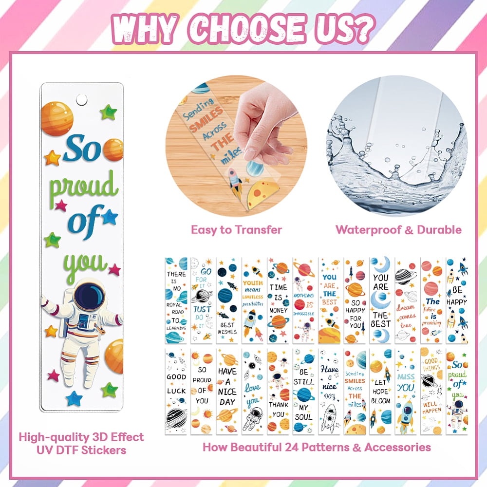 DIY Space Theme Mixed Pattern Paper Bookmarks Making Kits with Plastic Stickers Acrylic Bookmark Polyester Tassel Mixed Color for DIY