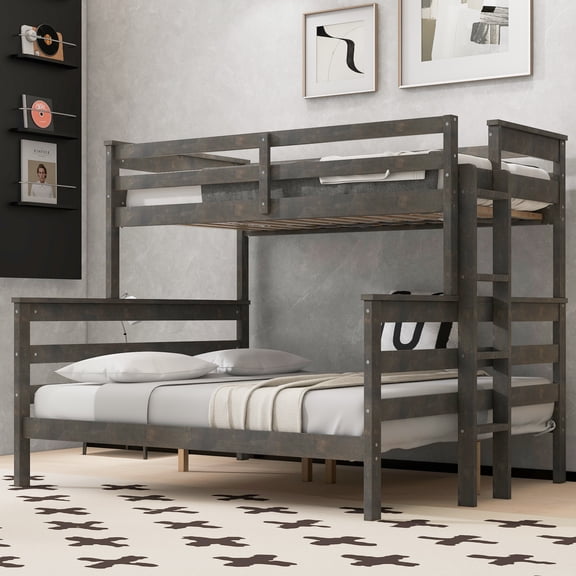 Harper & Bright Designs Twin XL Over Queen Bunk Bed, Wood Frame Detachable into 2 Separate Beds, Sturdy Platform Bunk with Guard Rail & Ladder, Grey