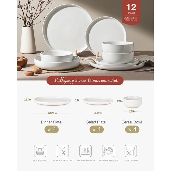 Famiware Milkyway Plates and Bowls Set, 12 Pieces Dinnerware Sets, Dishes Set for 4, White