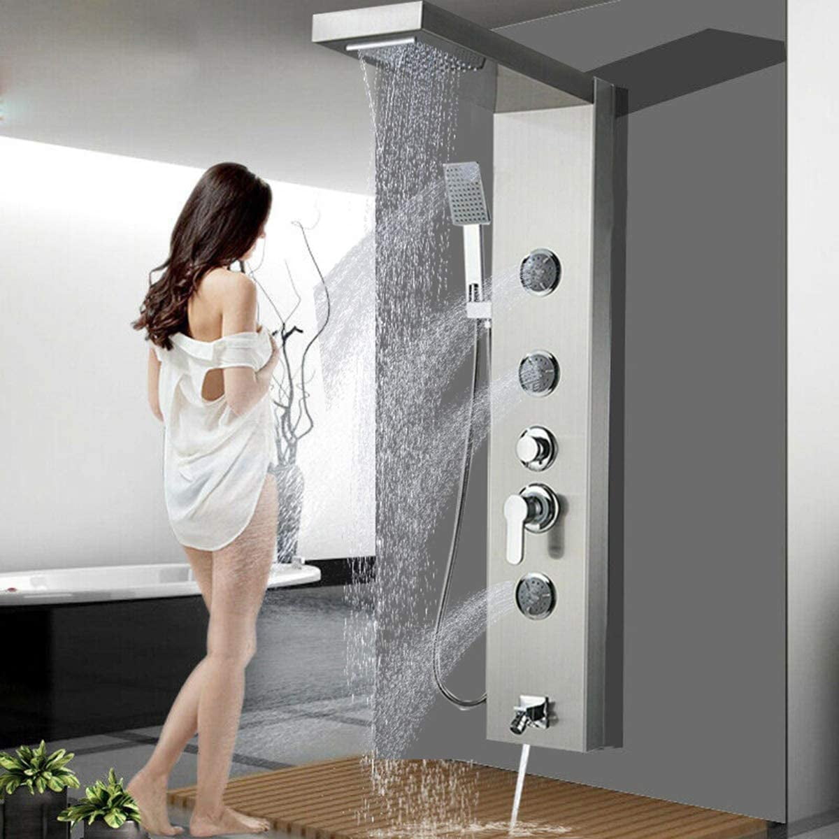 Zovajonia LED Shower Panel Tower System, Multi-Functions Shower Tower, Waterfall Showerhead, Shower Jets, Stainless Steel Rain Shower System Oil Rubbed Bronze