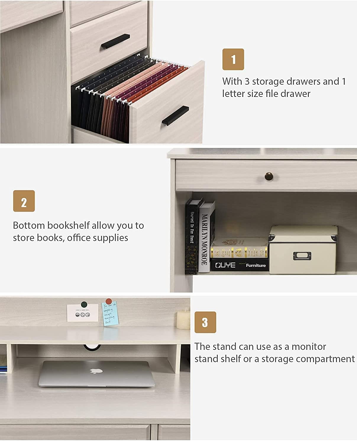 Catrimown Computer Desk with Drawers, Wood Home Office Desk with Monitor Stand, PC Desk with Monitor Stand, White Oak