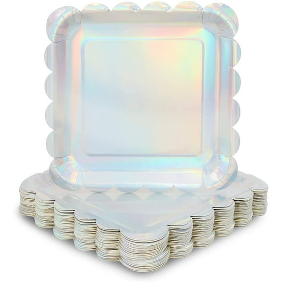 Sparkle and Bash 48-Pack Holographic Square Paper Plates - 9 in Silver Scalloped Edge - Disposable Party Plates & Iridescent Finish