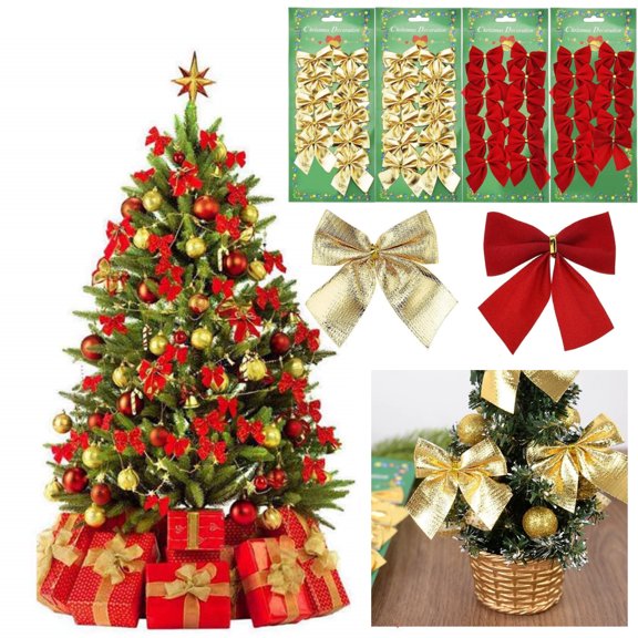 48 Pieces Christmas Tree Bow,2In Christmas Bowknots,Glitter Bow Christmas Tree Topper,Ribbon Bow Wreath Decoration,Christmas Ornaments for DIY,Home,Party(Red,Gold)