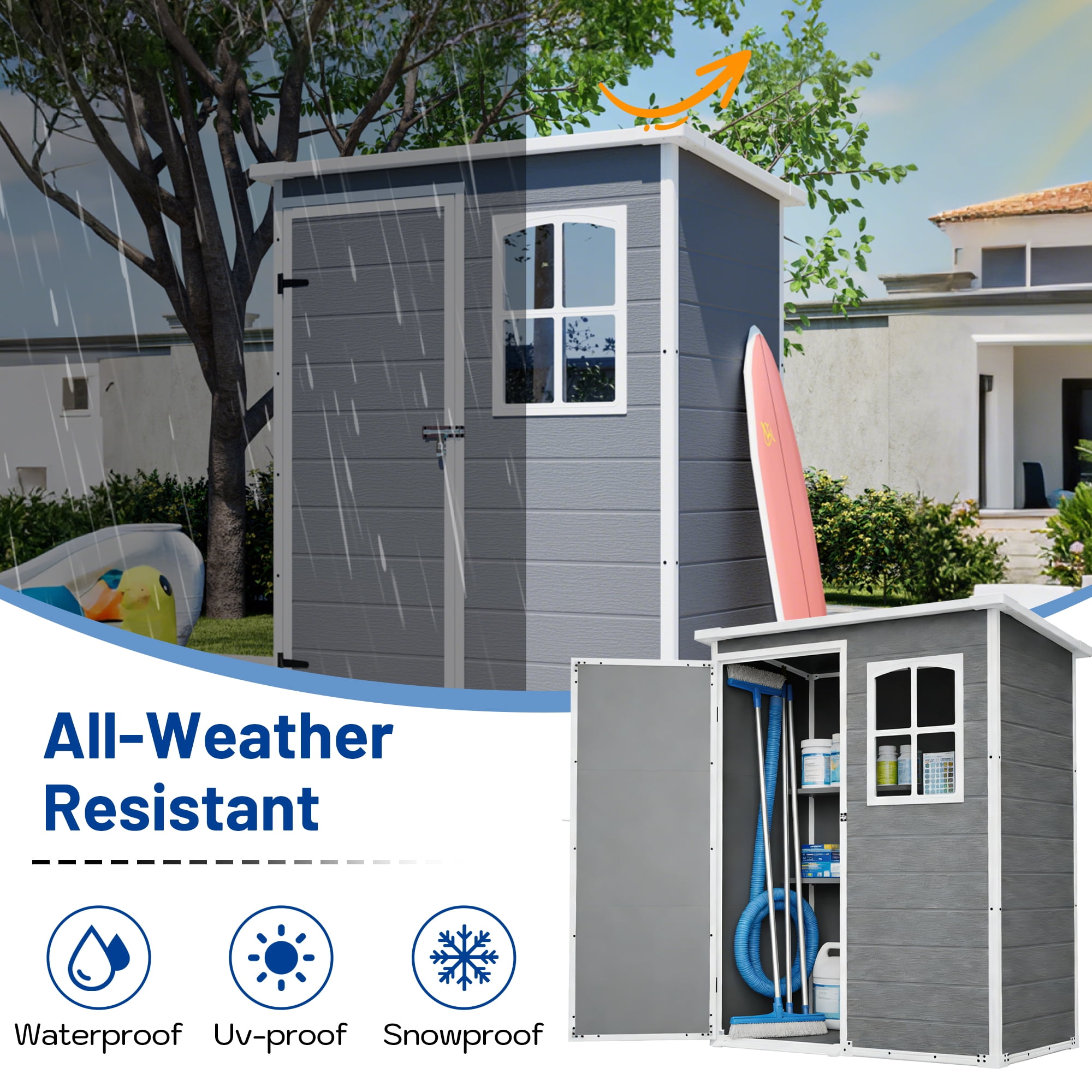 Seizeen 5x3FT Outdoor Storage Shed with Floor, Plastic Garden Tool Shed w/Lockable Door & Window, Waterproof Wood Grain Patio Storage Versatile Design