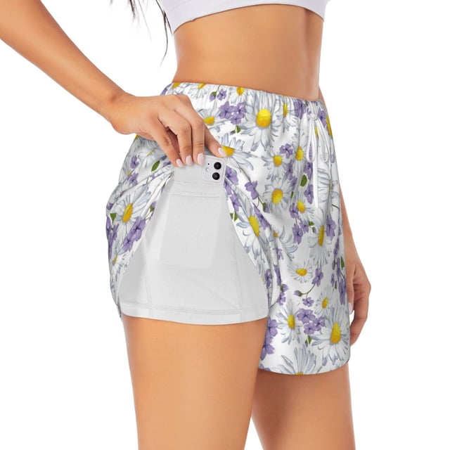 Balery Daisies Flowers Pantalones cortos deportivos para mujer con forro y dos bolsillos, elásticos, para entrenamiento, gimnasio, yoga-X-Large