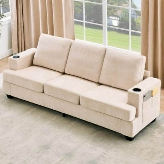 Ataucjin Modern 3-Seater Sofa for Living Room, 89-Inch Comfy Couches with Deep Seat, Chenille Couch with Cup Holders and Side Storage Pockets for Apartment Lounge