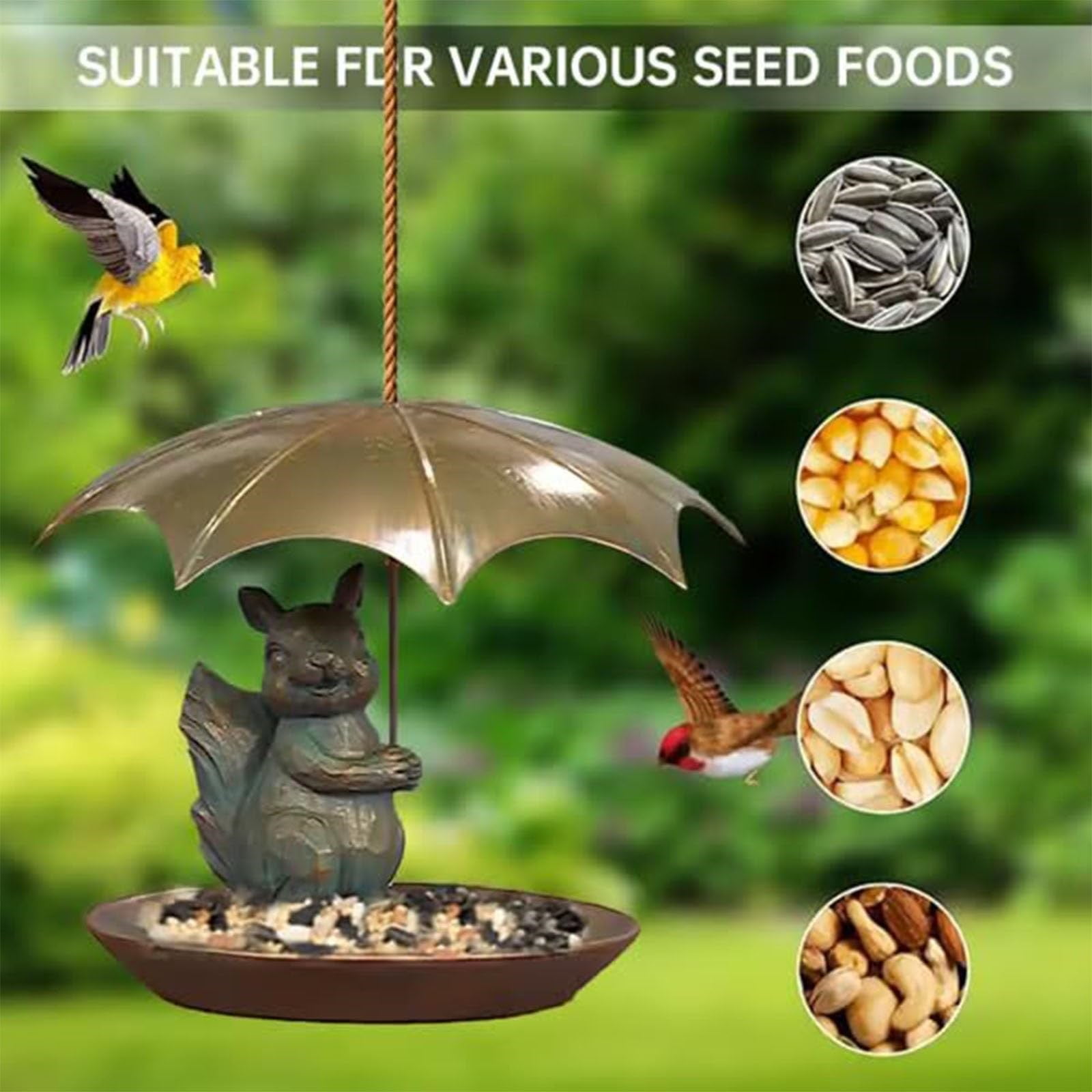 Animal And Girl And Umbrella Bird Feeder, Hummingbird Feeder Umbrella, Bird Feeders for Outdoors, Hanging Bird Feeder Set with Metal Chain Umbrella (Squirrel, Resin)
