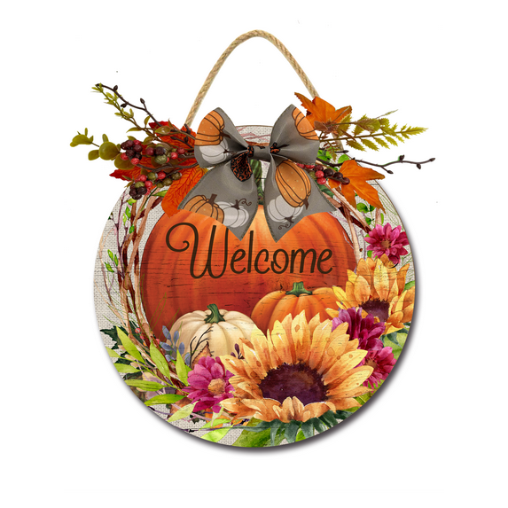 Front Door Porch Decorations Welcome Pumpkin Door Hanging Sign 12 inch Wooden Wall Sign, Rustic Holiday Wreath Decor for Front Door Porch Home Window Wall Farmhouse Decorations