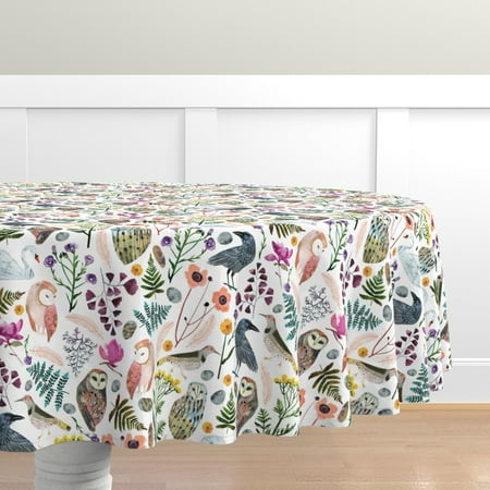 

Cotton Sateen Tablecloth 90 Round - Dreams Large Birds Botanical Floral Owl Fern Green Bird Woodland Print Custom Table Linens by Spoonflower
