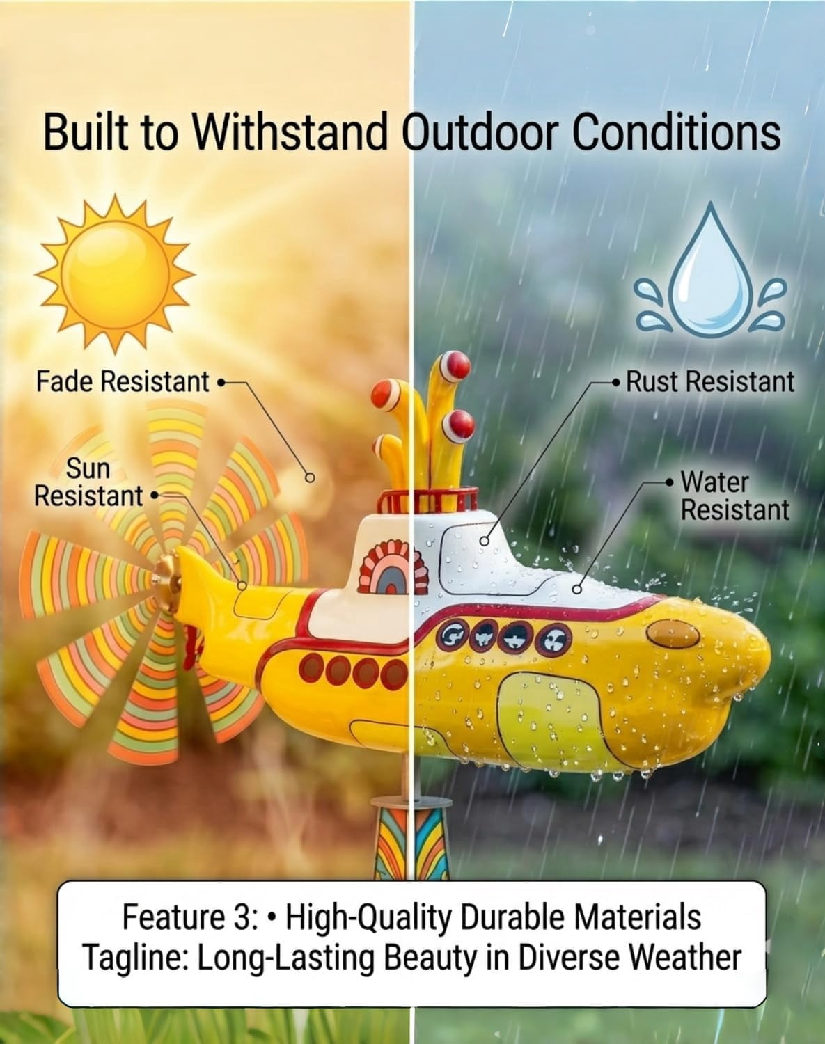 Metal Yellow Submarine Wind Spinner, 12.6 Inch Rotating Yard