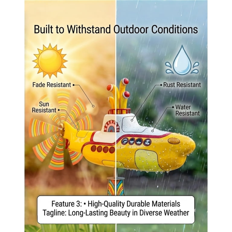Metal Yellow Submarine Wind Spinner, 12.6 Inch Rotating Yard