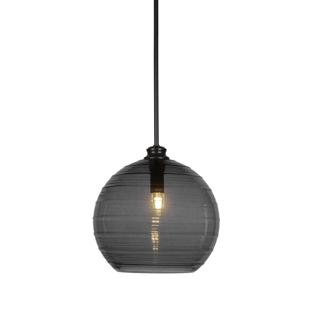 Colgante colgante de tallo de Malena en acabado negro mate con vidrio acanalado ahumado de 14 "