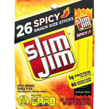 Slim Jim Smoked Meat OIF8 Sticks, Spicy Flavor, 6g Protein Per Serving, Snack Size, 0.28 oz. (26 Count)