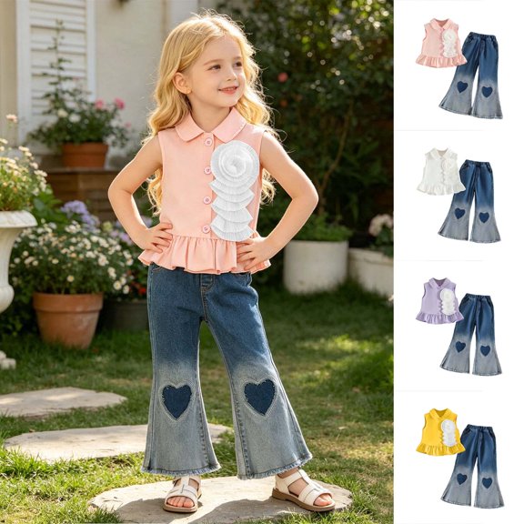 XINXIAOO Toddler Girls Clothes Sleeveless Shirt Flare Jeans Pant Outfits for Girl Bell Bottom Kids Girls Clothing Set Summer Fall Fashion Outfits 7-8 Years