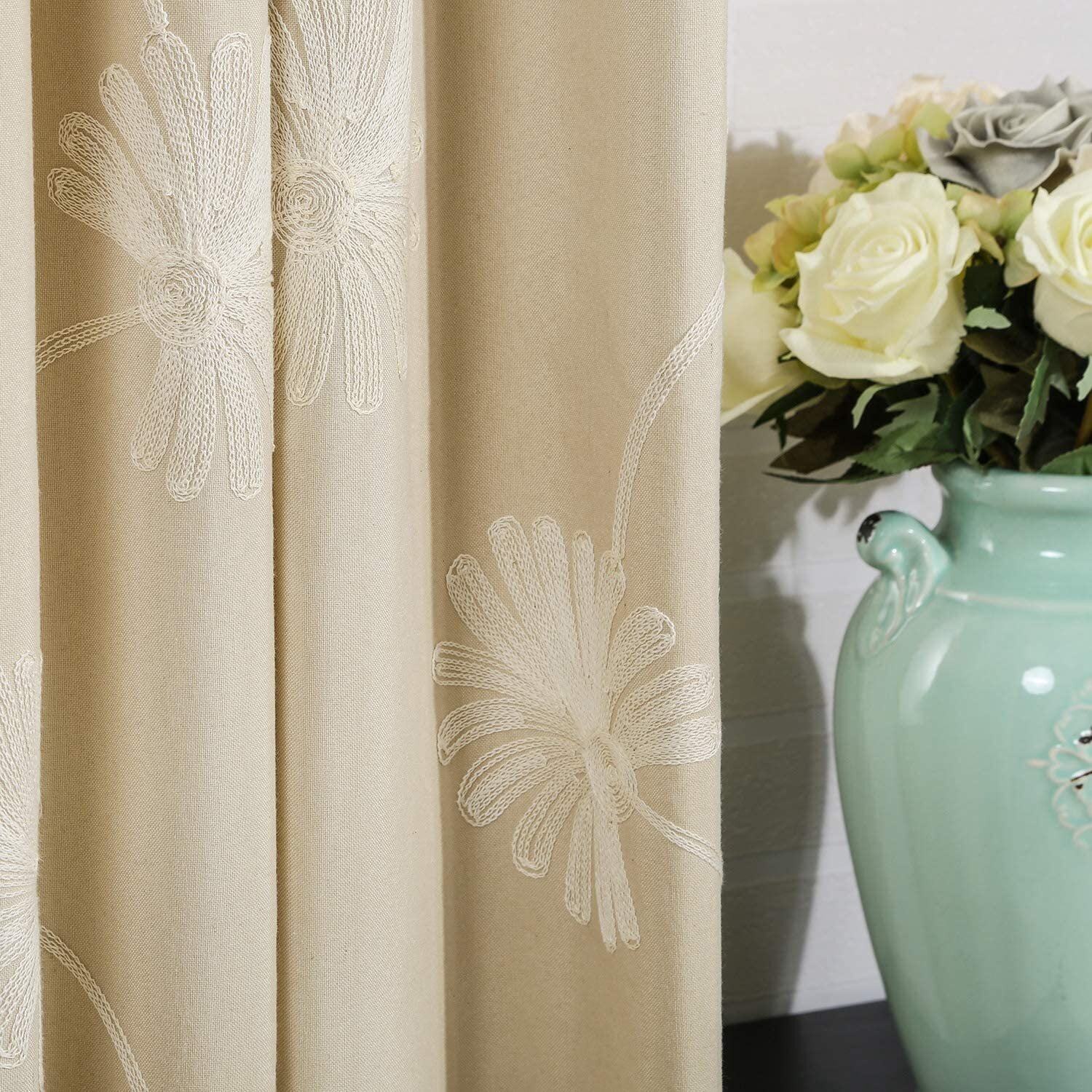 VOGOL Floral Pattern Embroidered Elegant Grommet Curtains, Blackout Polyester Drapes for Bedroom, 52"x84", Beige, 2 Panels