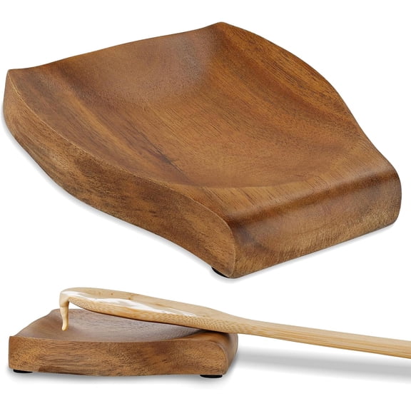 Wooden Spoon Rest - Acacia Wood Stove Top Spoon Holder with Non-Slip Grips for Spoons, Spatulas, and Tongs