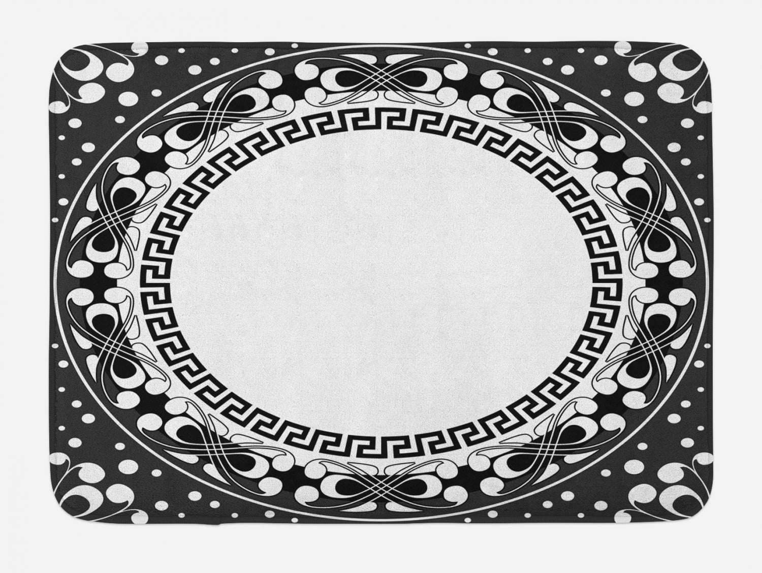 Greek Key Bath Mat, Black and White Pattern of Spirals Swirls and