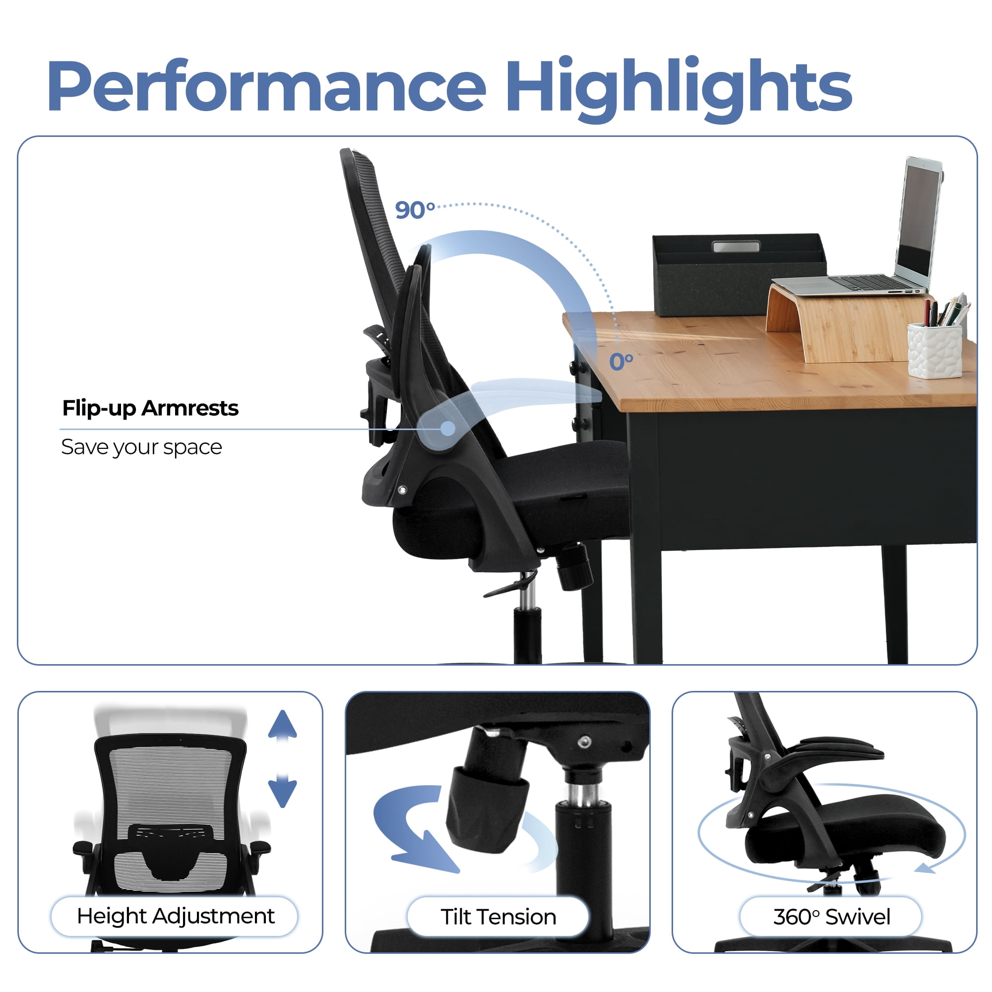 CELTOSS Ergonomic Office Chair, Wide Seat with Flip-Up Armrests, Lumbar Support, Adjustable Height, Comfy Home Task Computer Chair, Black