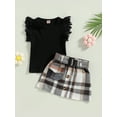 thumbnail image 3 of Arvbitana Toddler Baby Girls Skirt Set Flying Sleeve Solid Color Ribbed Tops + Plaid Skirt with Belt Summer Casual Elegant Outfit 2Pcs 9M-4T, 3 of 9