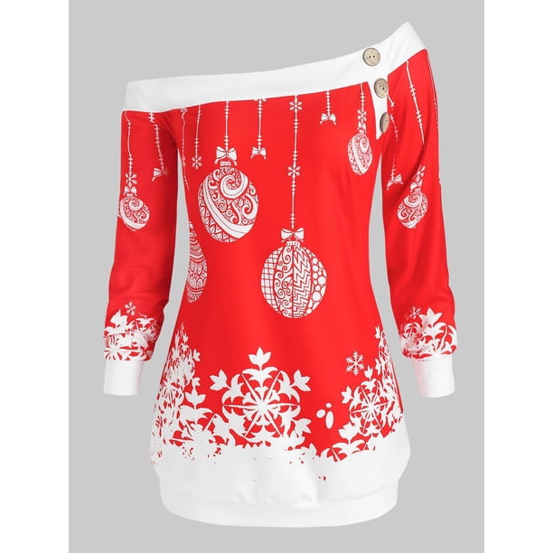 Más el tamaño de inclinación del cuello de Navidad del copo de nieve de la bola de impresión con capucha Rosegal Blusas Tallas Grandes